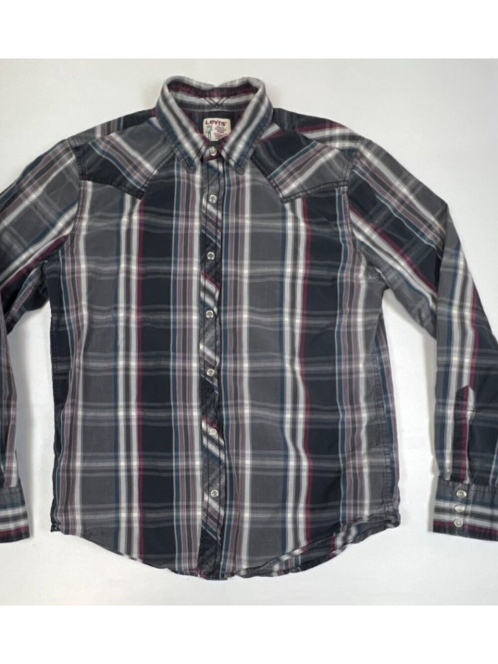 Levi's Western Wear Men M Gray Plaid Pearl Snap Button Down Shirt Long Sleeve